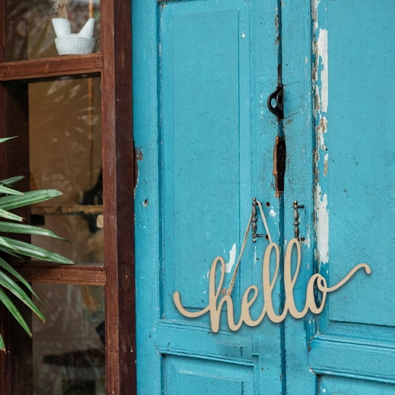 DEEPCRAFF Beige Wooden Decorative Sign for Home Wall Art Deepcraff Hello Script