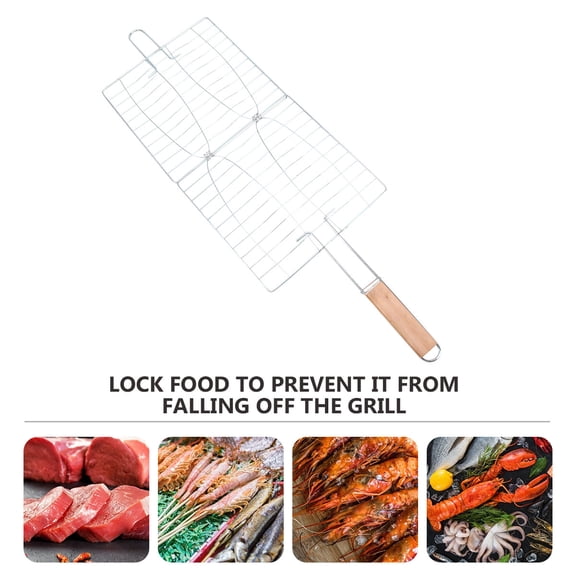 DEEPCRAFF Iron Wire BBQ Fish Basket with Extended Wood Handle for Kitchen Grilling Perfect for Seafood and Outdoor Cooking