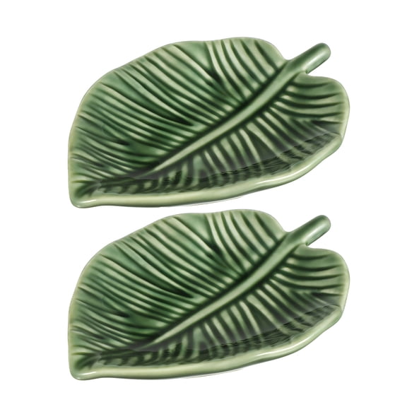 DEEPCRAFF Jewelry Tray 2pcs Decorative Leaf Shaped Green Ceramic Dresser Plate