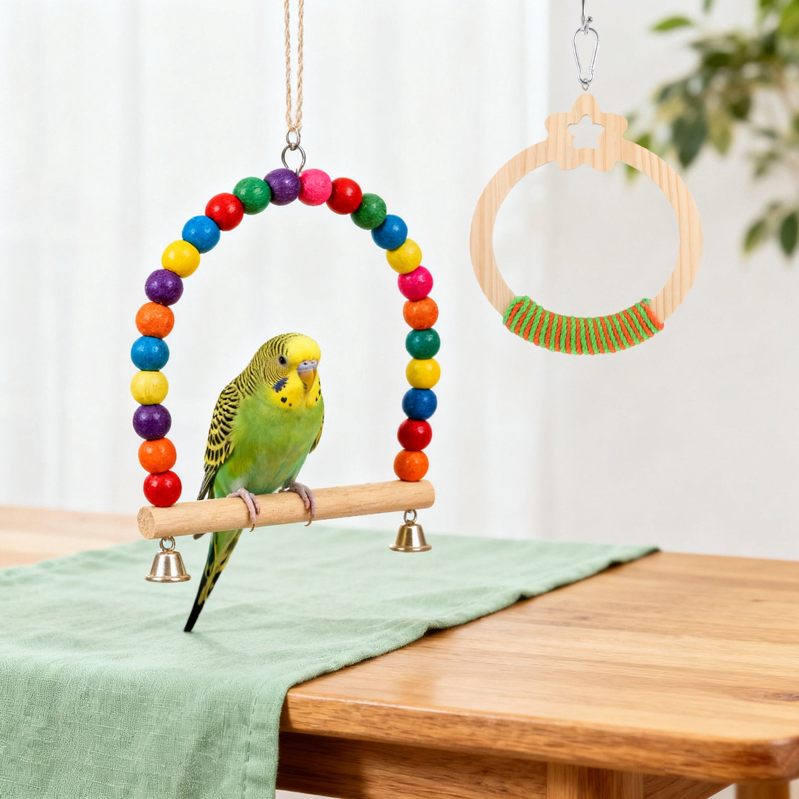 DEEPCRAFF Large Khaki Wood Bird Swing for Parrots with Natural Hanging ...