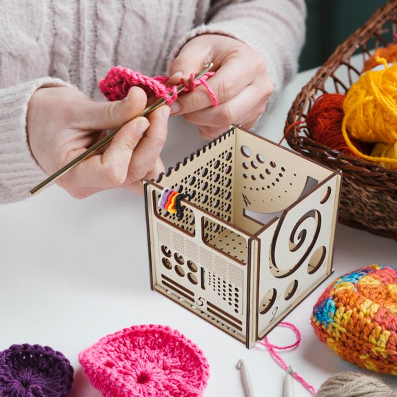 DEEPCRAFF Khaki Wood Yarn Storage Box for Knitting Supplies Portable Organizer