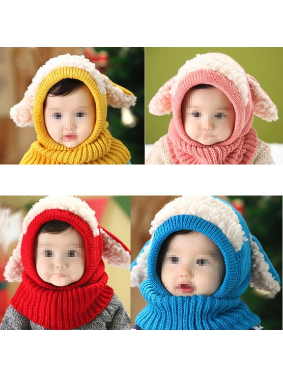 Red Knitted Woolen Coif Hat with Collar Soft Warm Winter Accessory