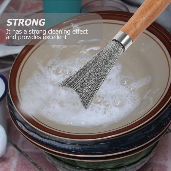 DEEPCRAFF Kitchen Dish Scraper Tool with Wood Handle Stainless Steel Brush for Stubborn Stain Removal
