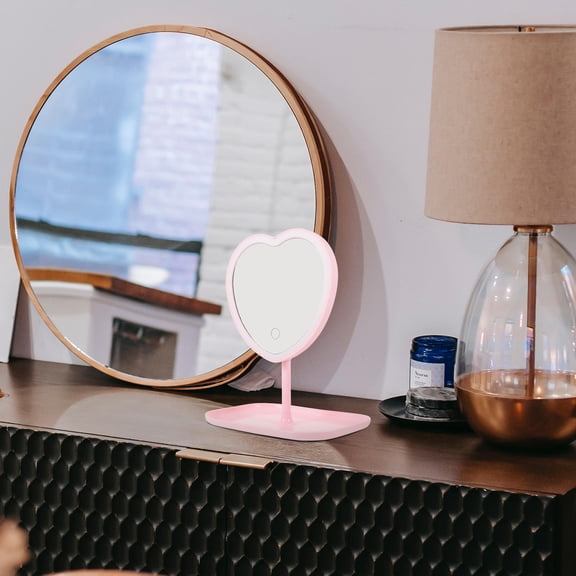 DEEPCRAFF Table Makeup Mirror Pink LED with Clear Reflection and Portable Stand for Home