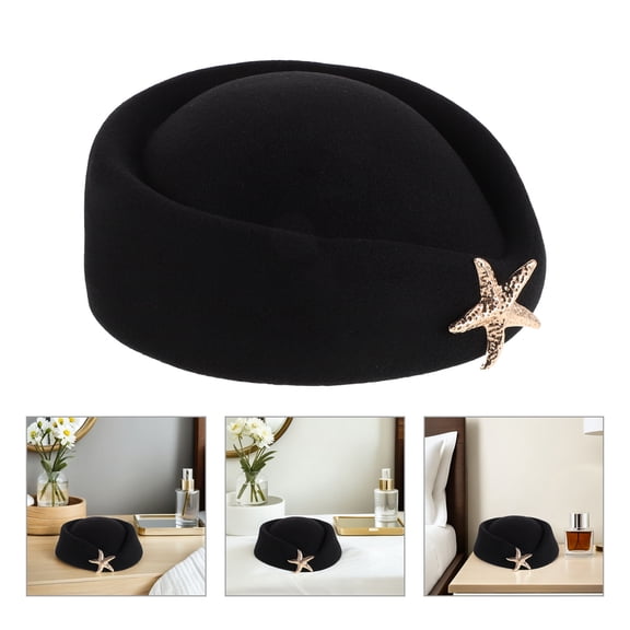 DEEPCRAFF Black Felt Stewardess Hat French Design for Air Hostess and Costume Use