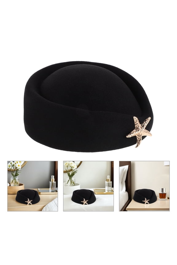 Black Felt Stewardess Hat French Design for Air Hostess and Costume Use
