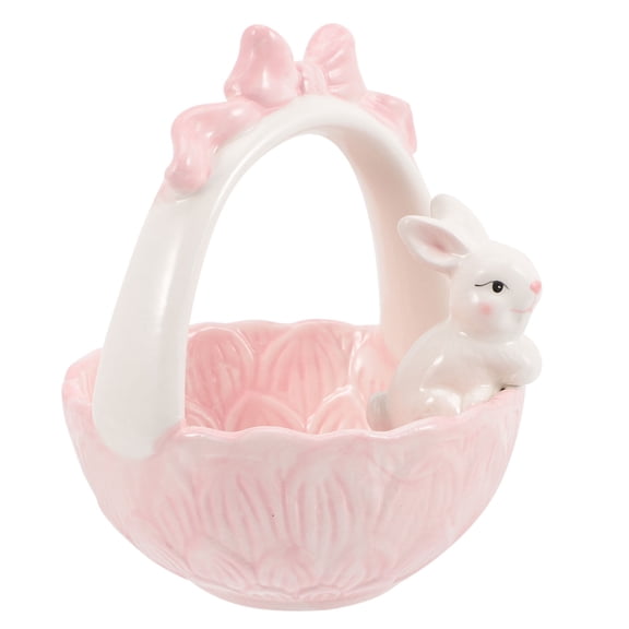 DEEPCRAFF Pink Ceramic Easter Bunny Basket Decoration with Fine Craftsmanship for Party and Home Display