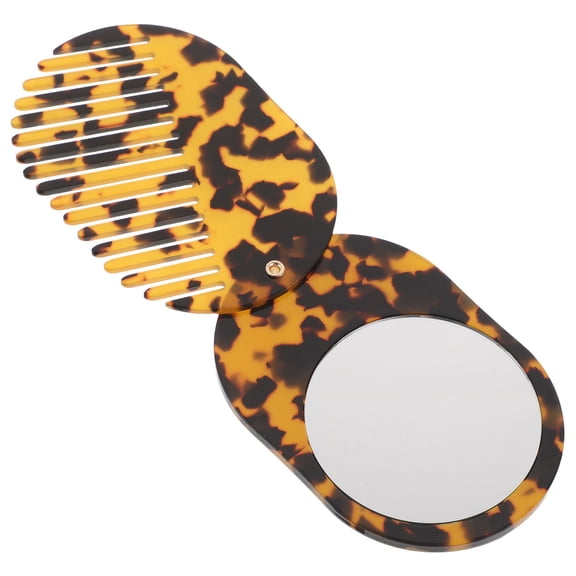 DEEPCRAFF Compact Foldable Leopard Hair Brush with Mirror Portable Travel Comb Antistatic Acetate Design
