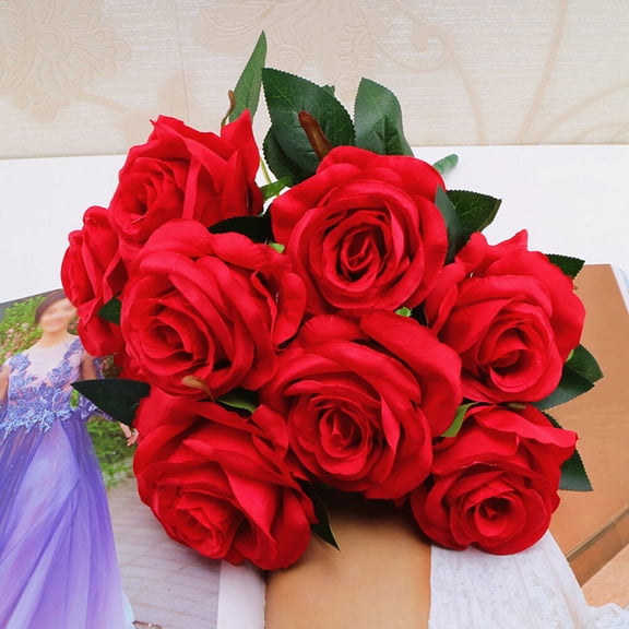 DEEPCRAFF Red Artificial Rose Bouquet Lifelike Silk Flowers for Home Wedding Party Decor