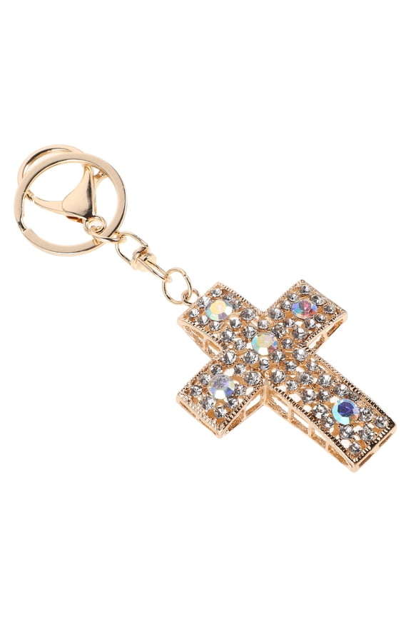 White Rhinestone Cross Keychain Pendant Alloy Crucifix for Purse Car Keys and Wallet