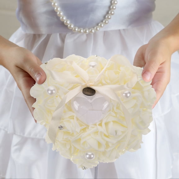 DEEPCRAFF Ivory Ring Bearer Cushion with Rose Heart Design for Wedding Party and Engagement Celebration