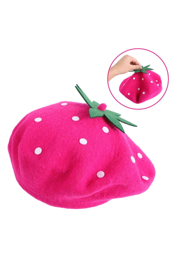 Cozy Rosy Wool Blend Strawberry Beret Hat, French Style Knit Winter Headwear for Women and Teens