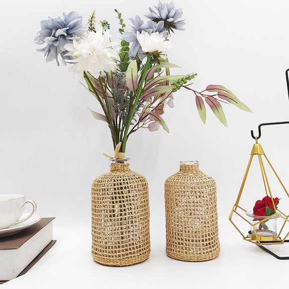 DEEPCRAFF Rustic Straw Woven Glass Vase - Decorative Flower Holder for Home, Table Centerpiece, Boho Style Decor