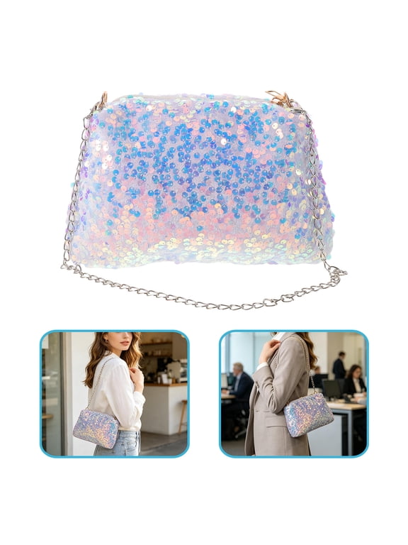 White Sequin Crossbody Bag with Chain Strap Stylish Evening Handbag