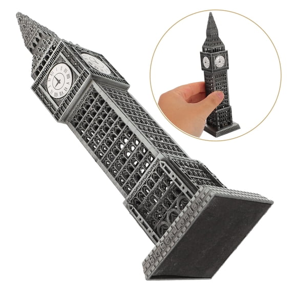 DEEPCRAFF Plated Silver Metal Table Clock Tower Decorative British Landmark Model for Living Room