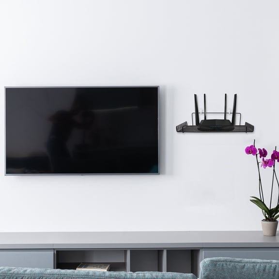 DEEPCRAFF Black Wall Mount Router Rack, Compact Space-Saving No-Drill Holder for Network Devices