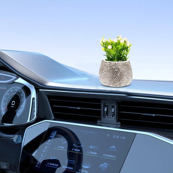 DEEPCRAFF White Bling Car Flower Pot High Realism Faux Flowers Dashboard Vase Elegant Car Interior Decor