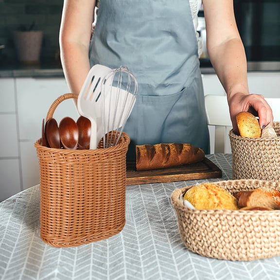 DEEPCRAFF Brown Handmade Rattan Storage Container Natural Woven Hanging Basket for Kitchen Or Wall Decor