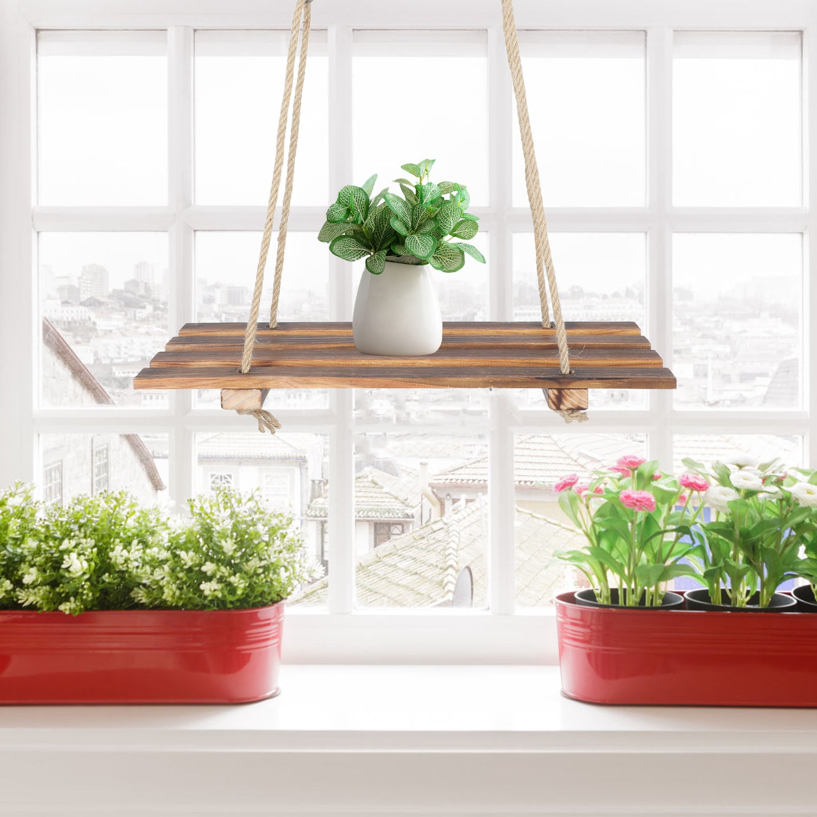 DEEPCRAFF Wooden Plant Shelf Hanging Rack for Wall Indoor Outdoor ...
