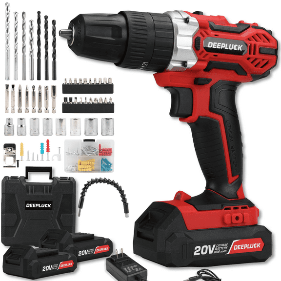 DEEPLUCK Cordless Drill Set, 20V Power Drill Kit with 2 X 2.0AH Battery, 44pcs Drill/Driver Bits, 1 Box Screws, Bubble Level, 3/8'' Chuck Electric Drill, 32NM, 21+3 Position, 2 Variable Speed