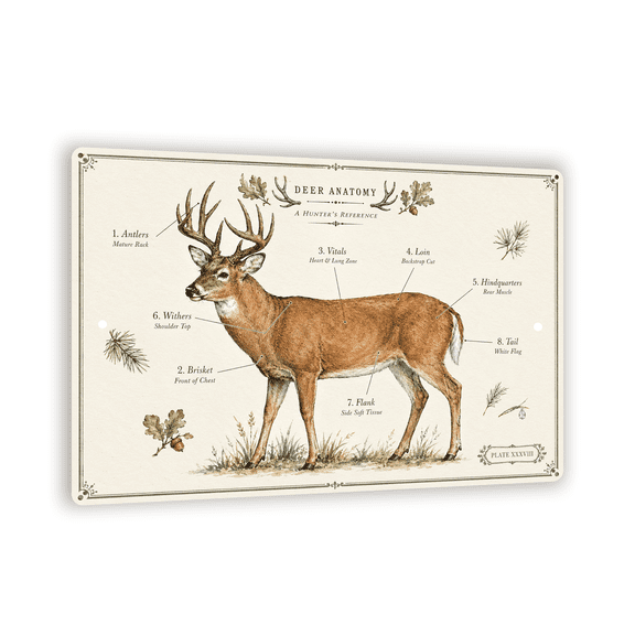 "DEER ANATOMY" Aluminum Sign - Modern Watercolor Educational Poster - 8"x 12" Wall Art Chart
