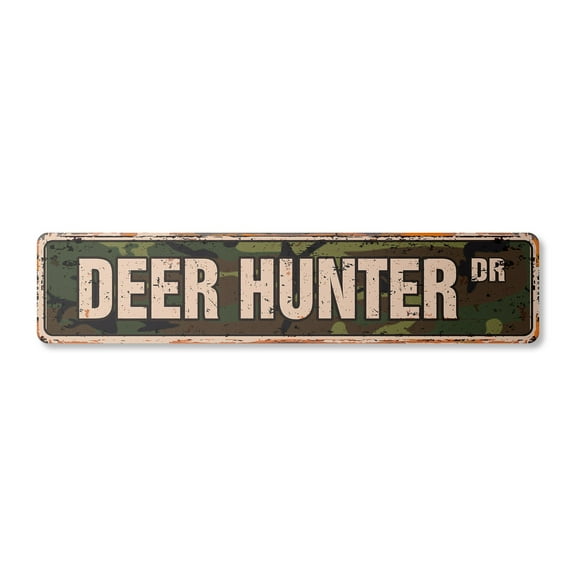 DEER HUNTER Vintage Plastic Street Sign hunting signs buck hunt shotgun | Indoor/Outdoor | 18" Wide