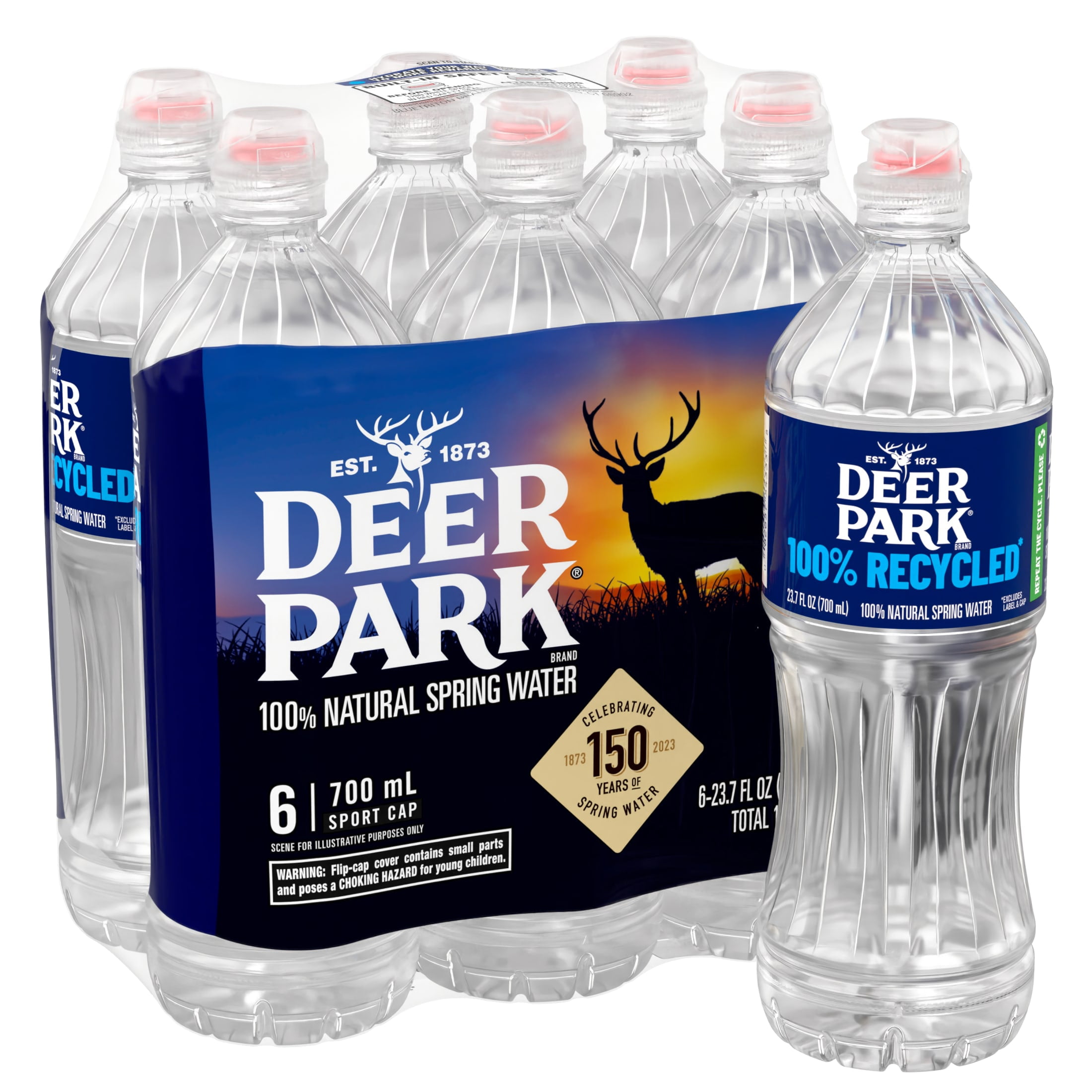 Deer Park Spring Water, Sport Cap, 23.7 fl oz, 6 Pack Plastic Bottles