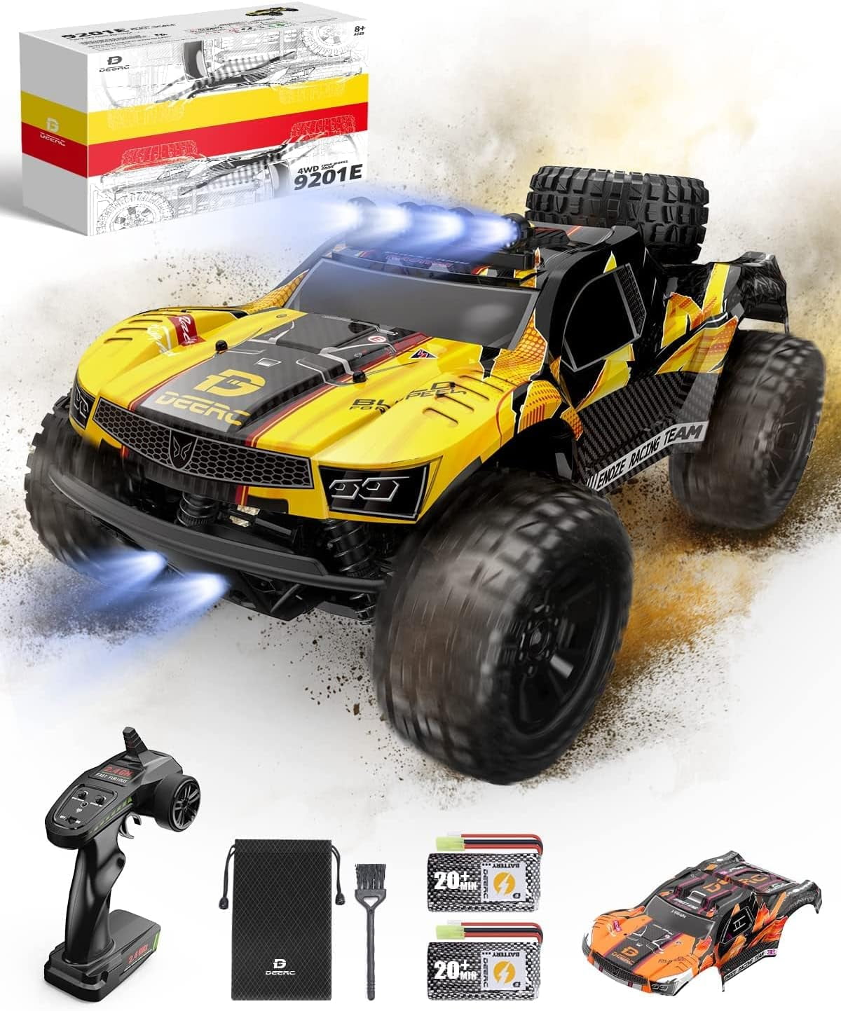 DEERC 1:10 Large Scale RC Car 4WD 50KM/H High Speed Remote Control Car with  Lights for Kids Adults,Off-Road Monster Crawler Truck Toy for Boys with 2