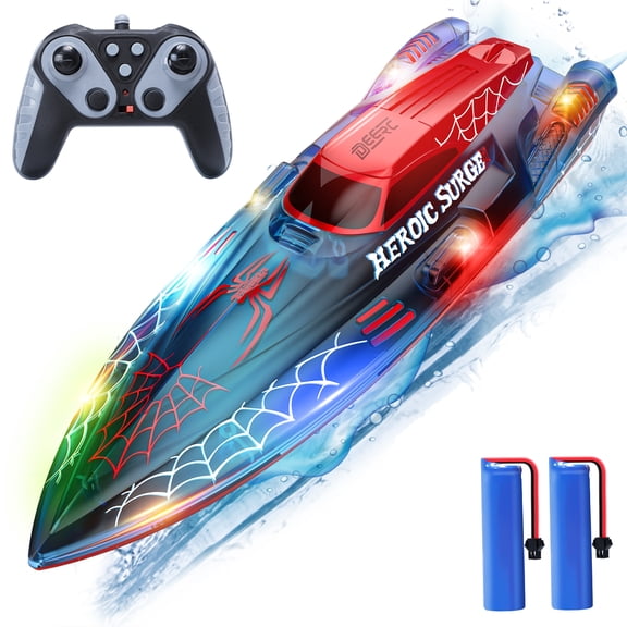 DEERC 13 inch Remote Control Boat for Kids, 2.4Ghz RC Spider Boat with LED Lights for Pools and Lakes, Summer Water Toy Gift for Boys 8-12, 2 Batteries