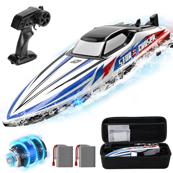 DEERC 16" Brushless RC Boat for Adults, 35+ KPH, Self-Righting, 2 Batteries 3S Power, Capsize Recovery, Carrying Case, Hobby Grade Remote Control Racing Boat for Lakes and Pools, Metal Drive Shaft