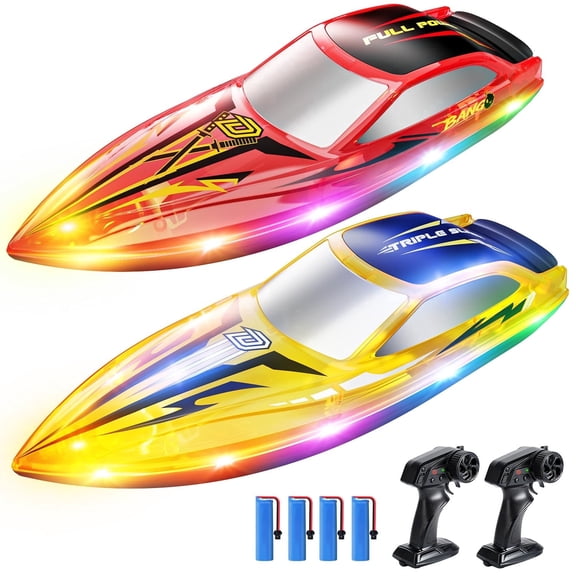 DEERC 2 Pack 13 inch Remote Control Boat for Kids, 4 Batteries, 2.4Ghz RC Racing Boat with LED Lights for Pools and Lakes, Summer Water Toy Gift for Boys 8-12