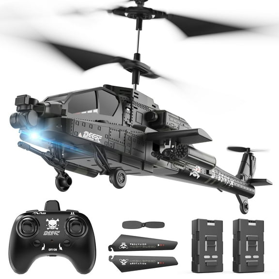 DEERC Apache RC Helicopter for Kids & Adults, Military Remote Control Helicopter Toy with LED Lights, 2 Batteries & USB-C Charging, 26 Mins Flight, Altitude Hold, Gift for Boys Ages 8-12