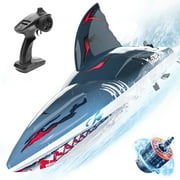 DEERC Fast Brushless RC Shark Boat for Adults, 30+MPH 3S High Speed Remote Control Boat, Self-righting 2.4Ghz Speed Boat with LED Lights, Summer Toy Gift for Kids