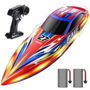 DEERC Fast RC Boat for Pool & Lake, 20+MPH, 40+ Mins, 7 LED Light Modes, Self Righting Remote Control Racing Speed Boat for Kids, 2.4Ghz Summer Water Toy Gift