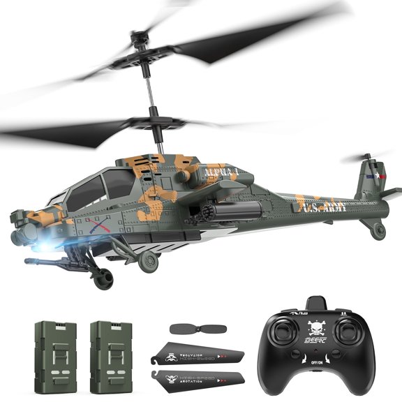 DEERC RC Helicopter for Adults, Apache Remote Control Helicopter for Kids 8-12, Toy Helicopters RC with LED Lights, 2 Batteries, Altitude Hold, 2.4GHz Military Style for Indoor, Ideal for Birthday