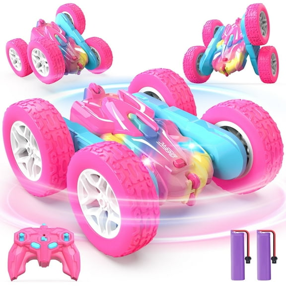 DEERC Rainbow Edition Remote Control Car for Girls, 2.4GHz Double Sided RC Car with 360° Rotation, LED Headlights, All Terrain Off-Road Stunt RC Truck, Birthday Gifts for Girls Aged 6-8