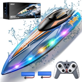 DEERC 13 inch Remote Control Boat for Kids, 2.4Ghz RC Boat with LED Lights for Pools and Lakes, Summer Water Toy Gift for Boys 8-12, 2 Batteries