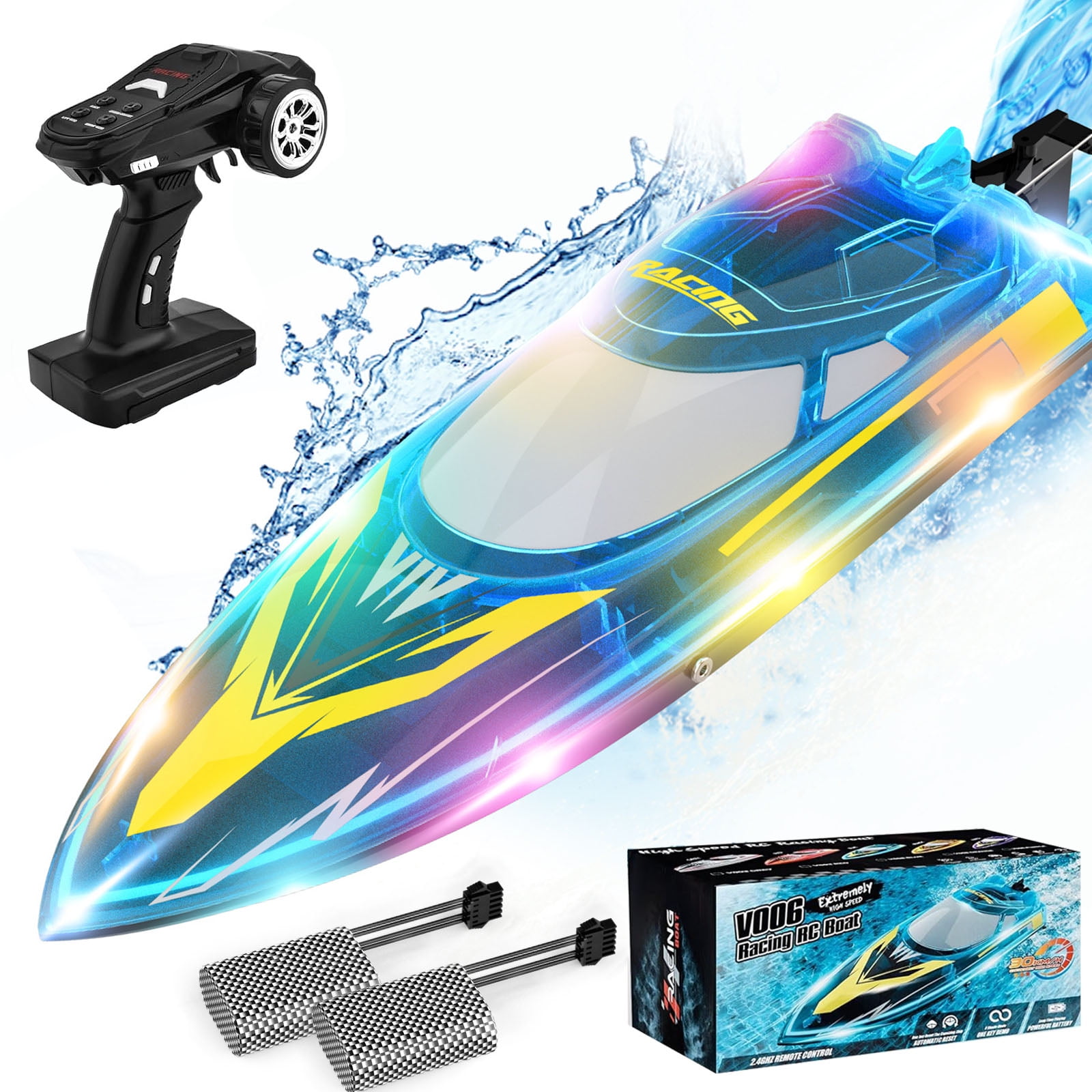 JoyStone 20+ mph RC Boat for Pool & Lakes, 14 inch Remote Control Boat with LED Lights, 2 Batteries 40Mins, Pool Toys for Adults & Kids (Blue)