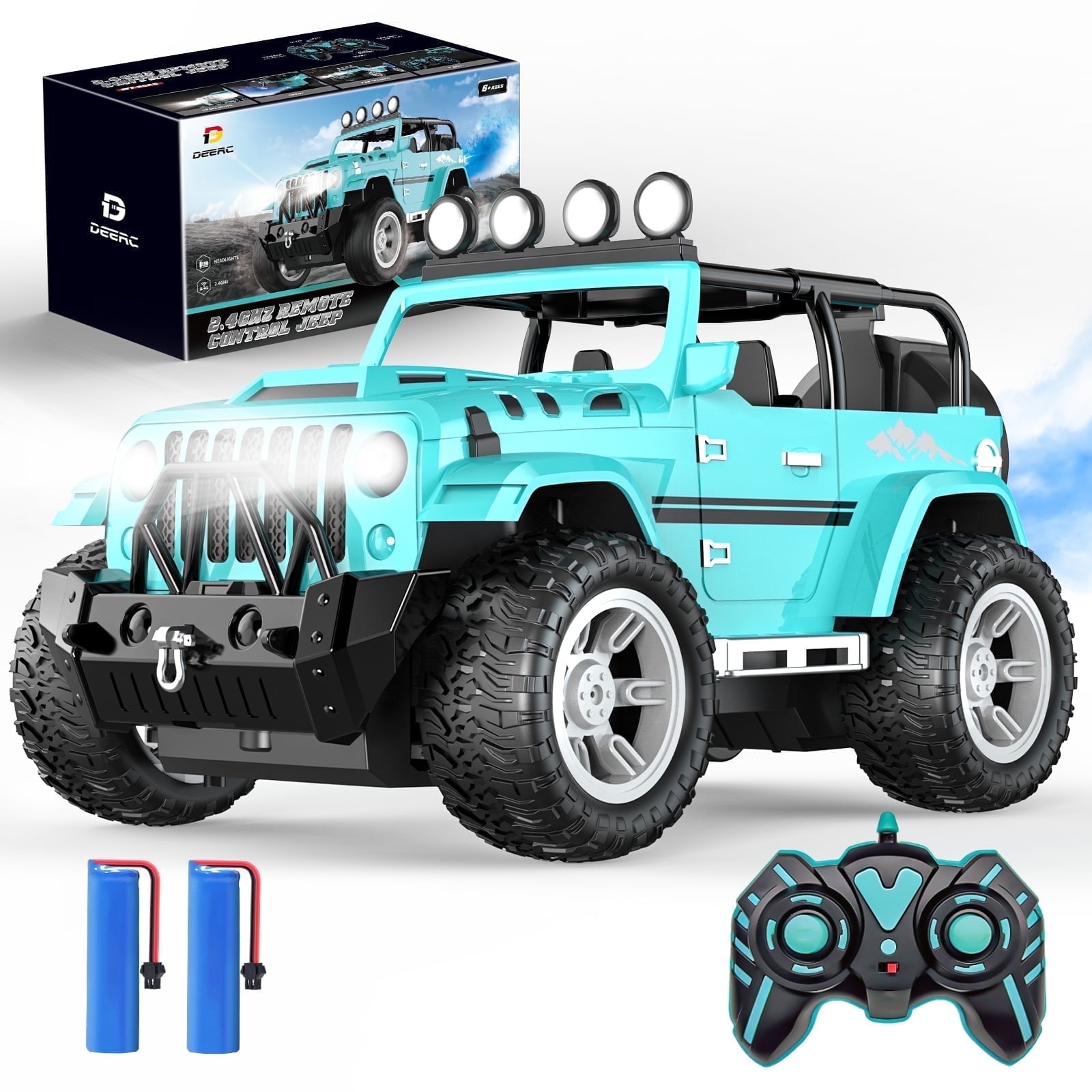 DEERC Remote Control Car with Fog Mist & Music, 1:16 Remote Control Truck for Boys, 2.4Ghz RC Car Toy with 2 Batteries, All Terrain SUV Gifts Crawler with Trailer Hitch