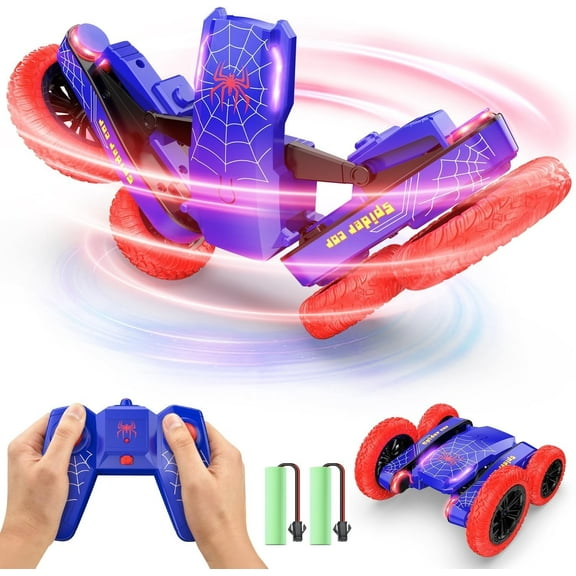 DEERC Spider Remote Control Car - Double Sided Mini RC Stunt Car, 360°Rotating 4WD Off-Road RC Cars with Headlights 2.4Ghz Indoor/Outdoor Rechargeable Toy Car for Boys Age 4-7 8-12 Birthday Xmas Gift