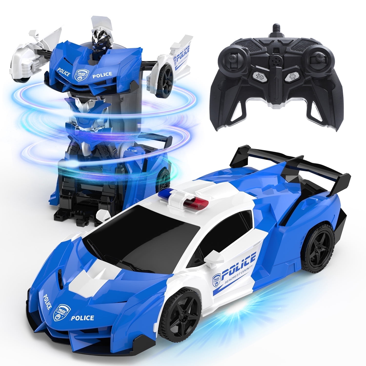 DEERC Transform Remote Control Car, 2.4GHz Robot RC Cars, 1:18 Scale Police Car Toy One-Button Deformation & 360 Rotating Drifting for Kids Boys Age 4-7 8-12