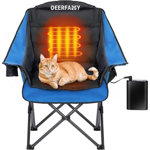 DEERFAMY Heated Camping Chair w/ 12V Battery Pack Cup Holder Folding Adjustable Backrest Seat Hunting Chair for Outdoor