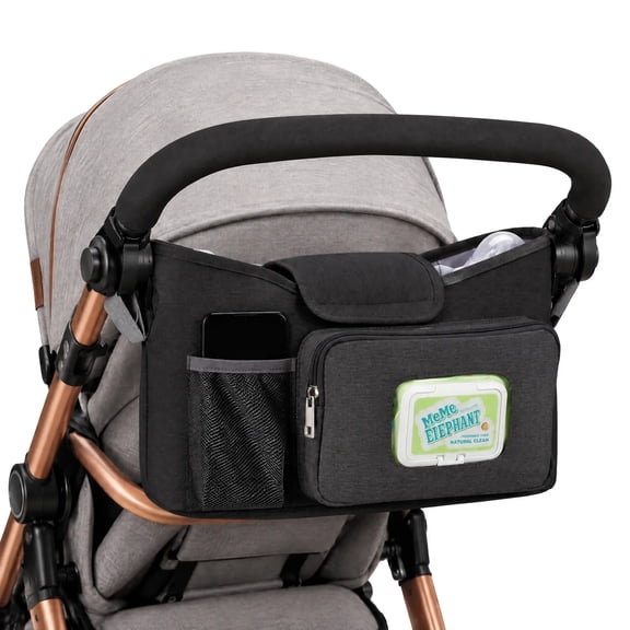 DEFAHN Universal Stroller Caddy Organizer with 2 Insulated Cup Holders, Detachable Shoulder Strap & Pockets, Fits Most Strollers Black