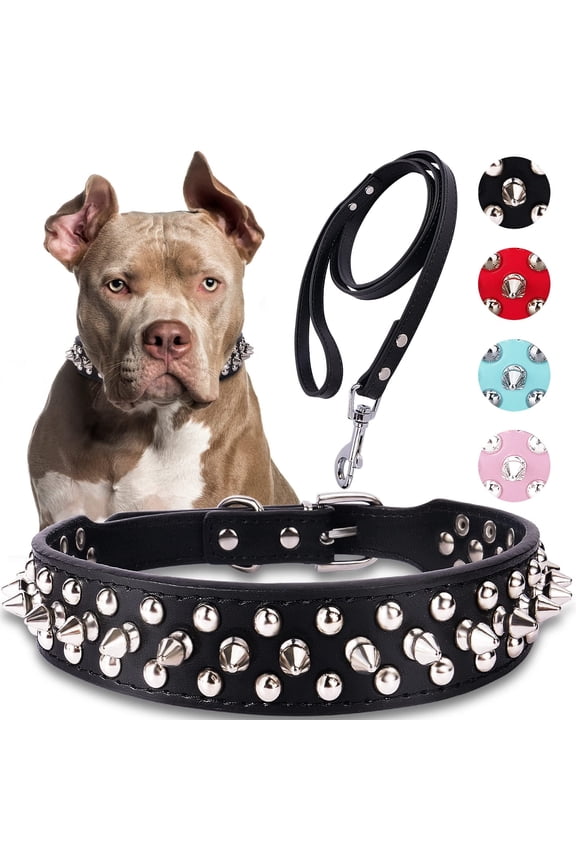 DEFNES Dog Collar with Leash,Durable Rivet PU Leather Dog Collars for Pit Bull Etc
