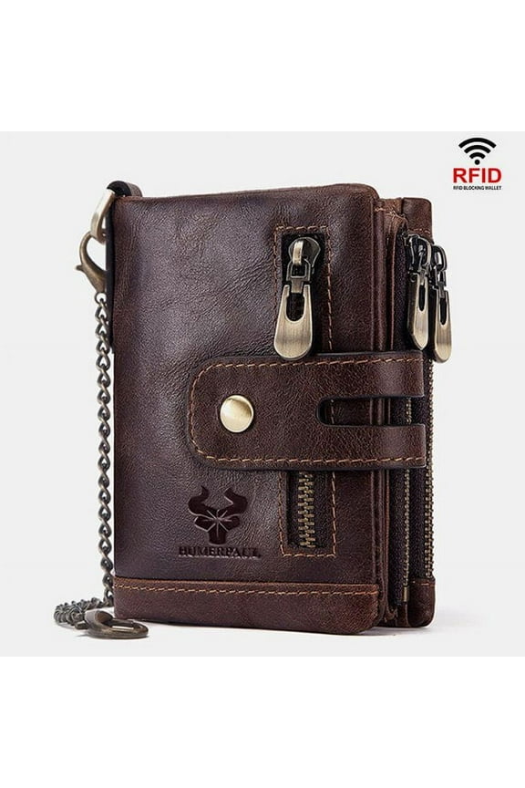 Men Genuine Leather RFID Anti-scanning Anti-Theft Zipper Wallet with Chain - Coffee