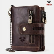 DEFNES Men Genuine Leather RFID Anti-scanning Anti-Theft Zipper Wallet with Chain - Coffee