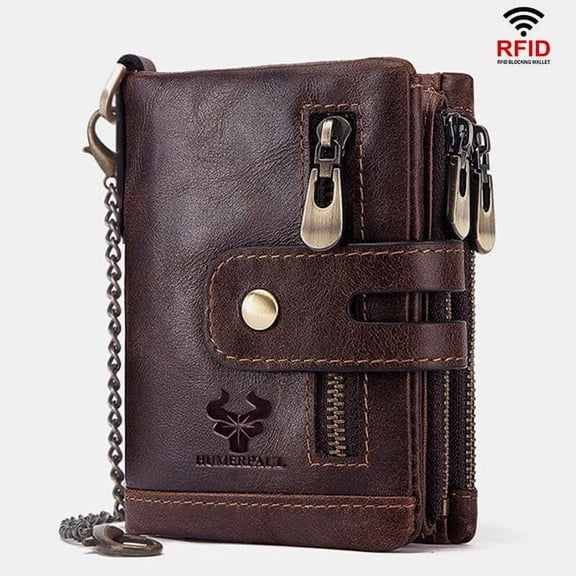 DEFNES Men Genuine Leather RFID Anti-scanning Anti-Theft Zipper Wallet with Chain - Coffee
