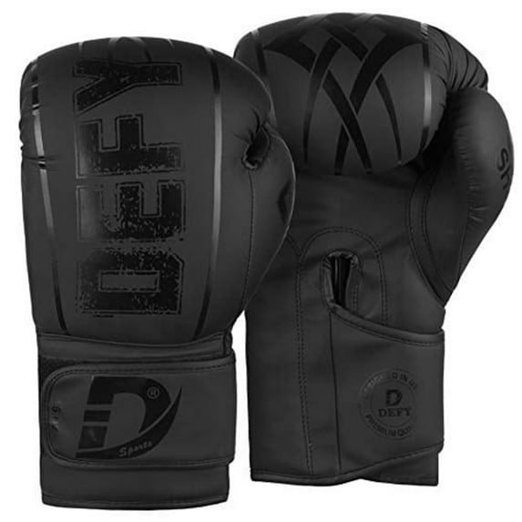 DEFY Boxing Gloves for Men & Women Training MMA Muay Thai - Quality Gloves - Punching Heavy Bags, Full Black, 14 oz