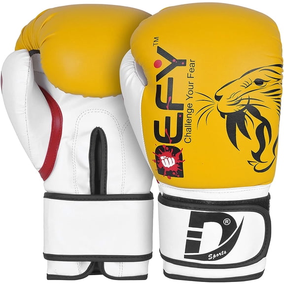 DEFY Marvelous Boxing Gloves - Ideal for Men & Women, Muay Thai, Kickboxing, MMA, Yellow Tiger, 14 oz