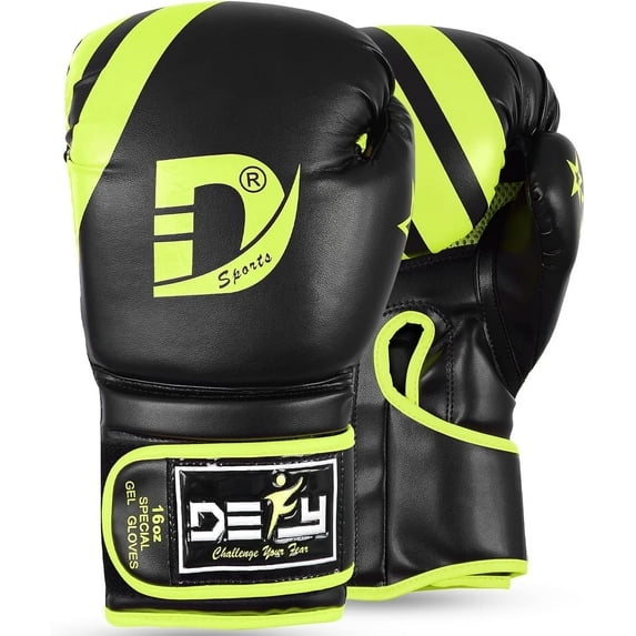 DEFY Sports Boxing Gloves - Ideal for Men & Women, Muay Thai, Kickboxing, MMA, Black/Fluorescent, 16 oz
